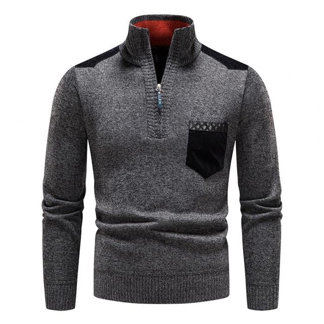 Front view of a men's modern grey zip sweater, highlighting the stylish design and chest pocket