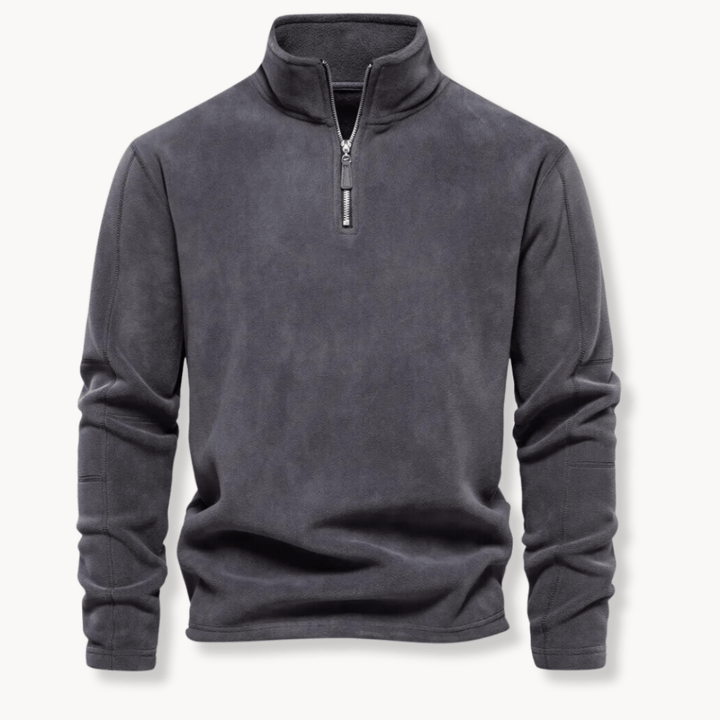 Men's stylish half-zip long sleeve pullover sweater in gray, perfect for casual wear and layering.