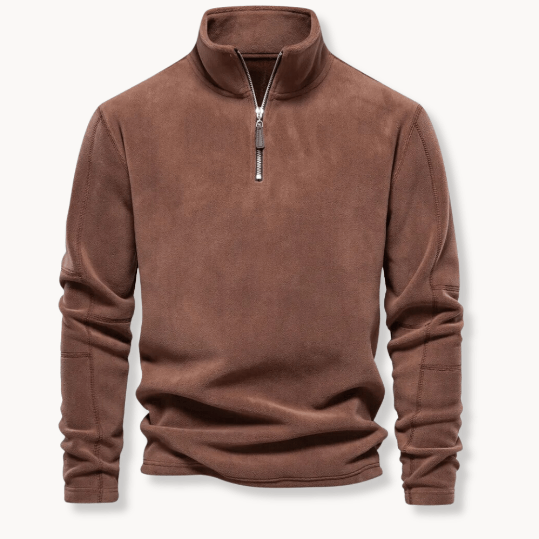 Brown men's comfortable half-zip long sleeve pullover sweater with stand collar, ideal for everyday fashion.