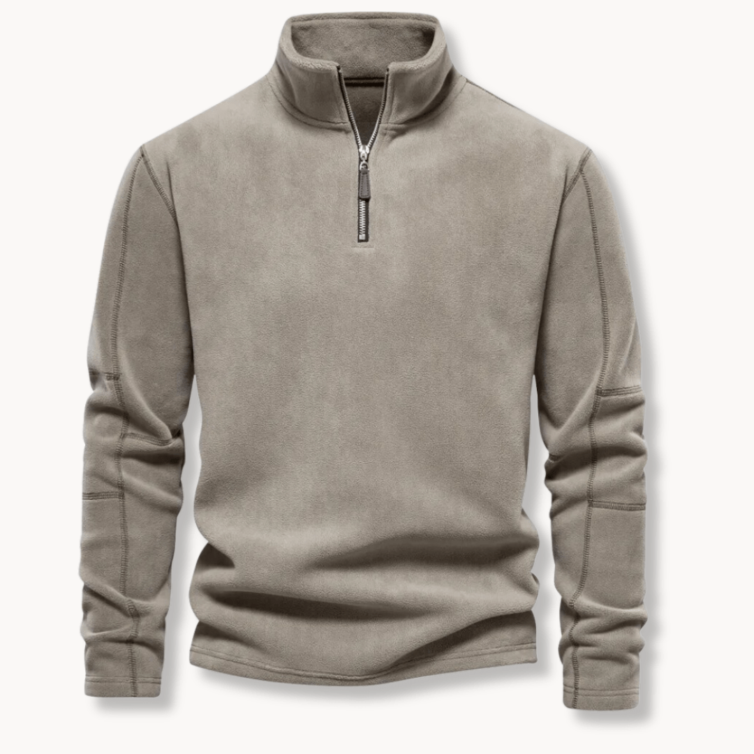 Green men's half-zip pullover sweater, a long sleeve casual wear essential for versatile layering.