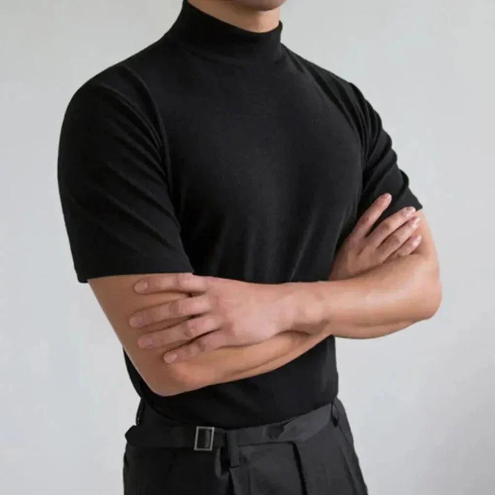 Men's stylish high-collar short-sleeve t-shirt. Versatile, modern, and comfortable for casual & smart casual wear.