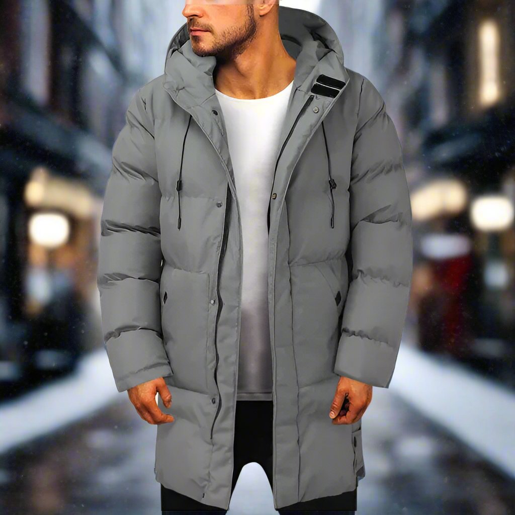 Men's stylish hooded puffer coat. Warm, insulated winter jacket for cold weather outerwear, perfect for casual wear.