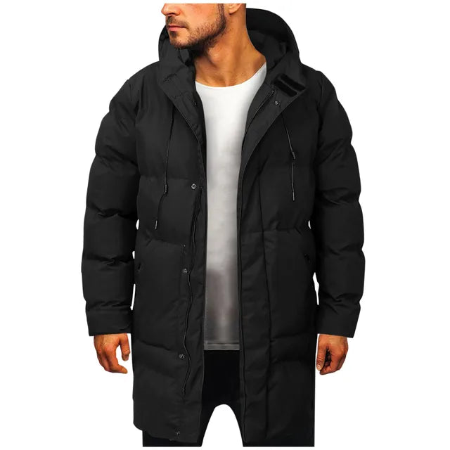 Close-up of men's warm insulated puffer coat fabric. Durable, cold weather outerwear with a cozy hood detail.