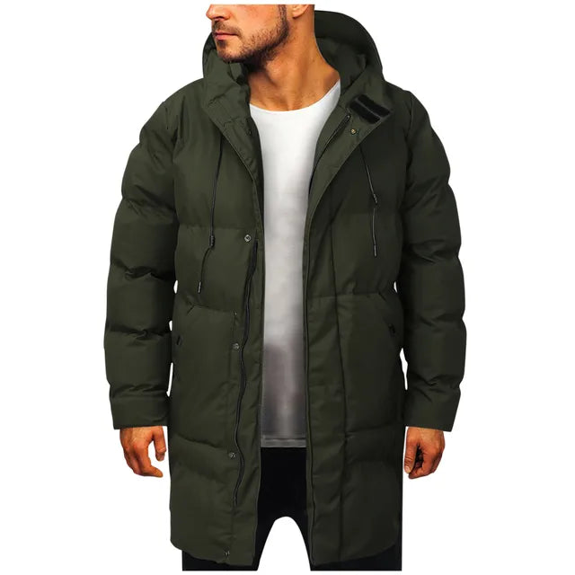 Man wearing a casual, stylish hooded puffer jacket. Perfect warm winter coat for urban cold weather protection.