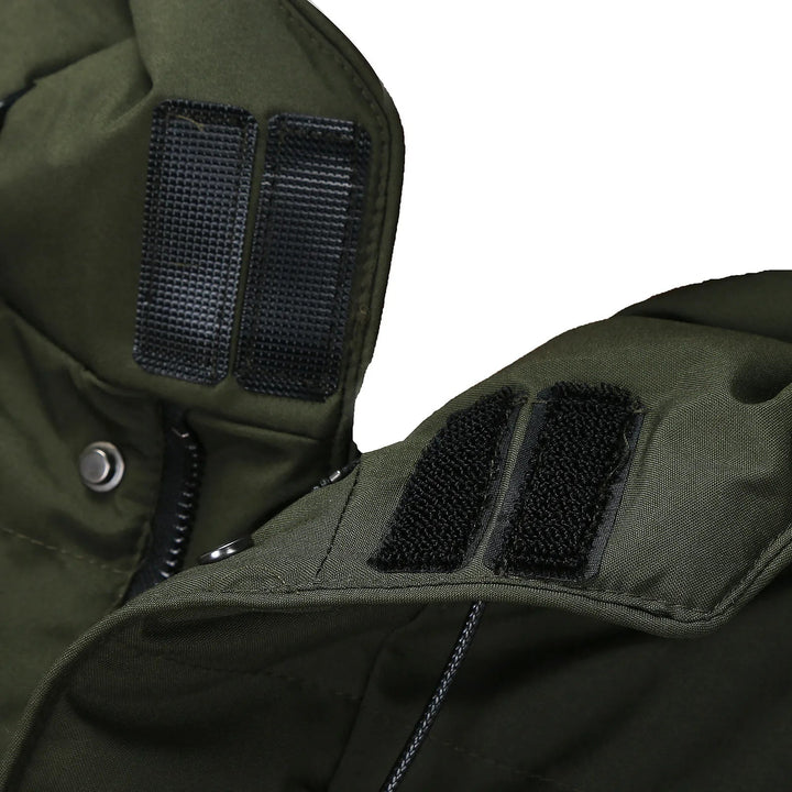 Back view of men's insulated hooded puffer coat. A warm, stylish winter jacket designed for cold weather comfort.