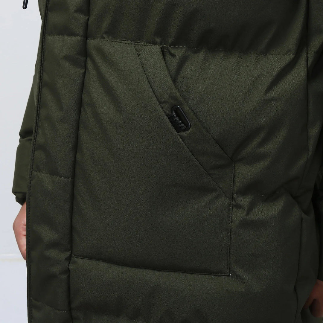Men's button-down hooded puffer coat. Stylish and warm winter jacket, insulated for ultimate cold weather protection.