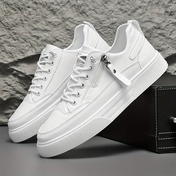 Men's stylish Hudson leather sneakers, white low-top trainers with convenient side zip for everyday wear.