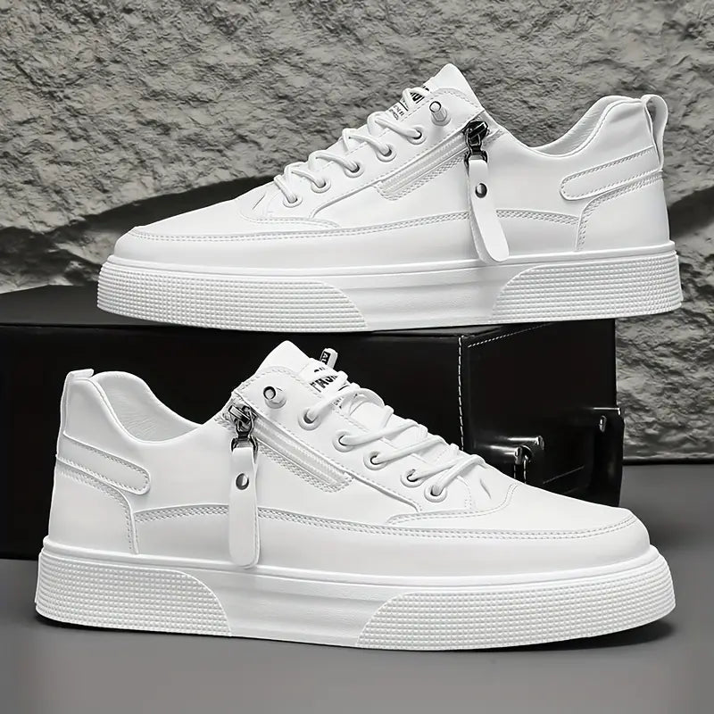 Comfortable men's white Hudson leather trainers, smart casual low-top sneakers with cushioned sole & side zip.