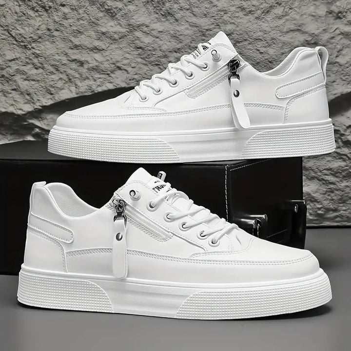 Comfortable men's white Hudson leather trainers, smart casual low-top sneakers with cushioned sole & side zip.