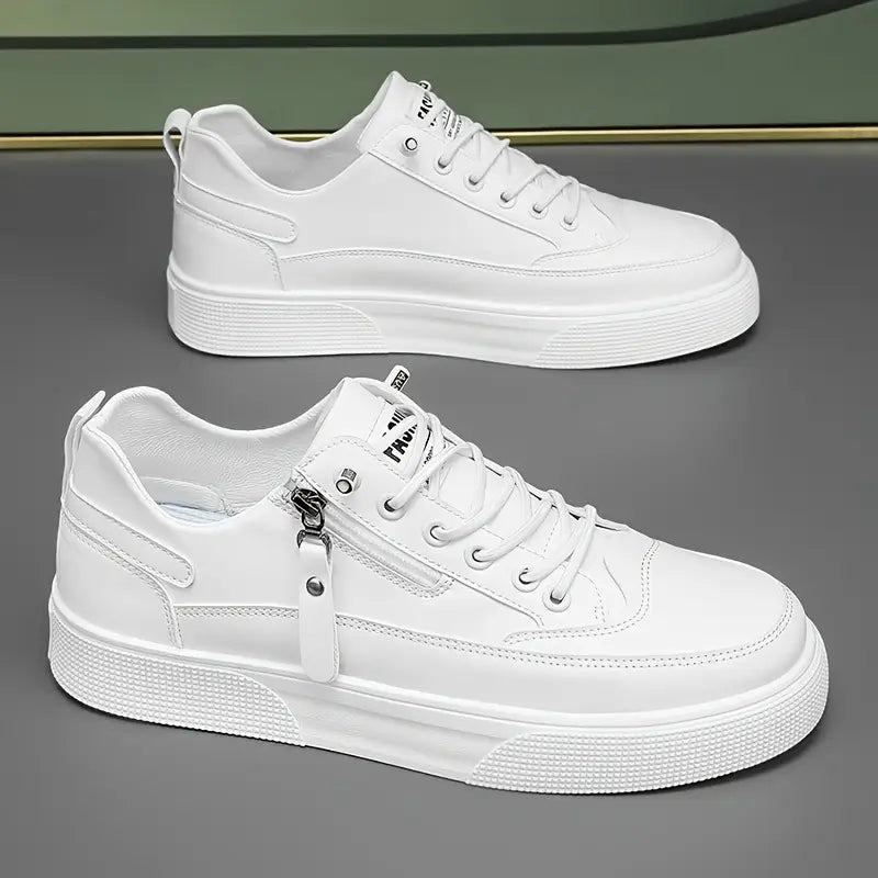 Premium men's Hudson leather low-top trainers, stylish white sneakers perfect for smart casual outfits.