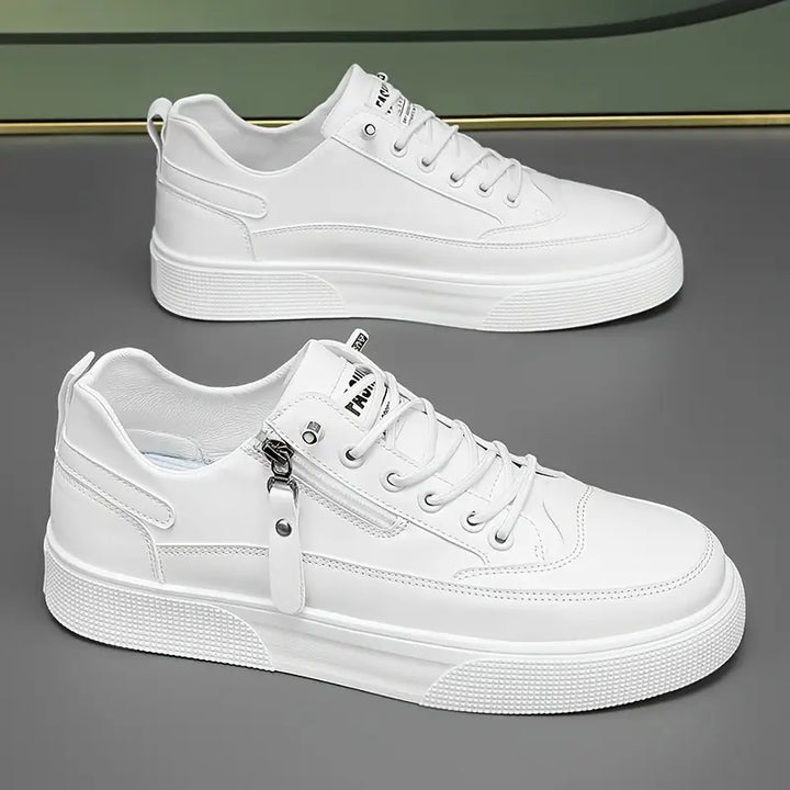 Premium men's Hudson leather low-top trainers, stylish white sneakers perfect for smart casual outfits.