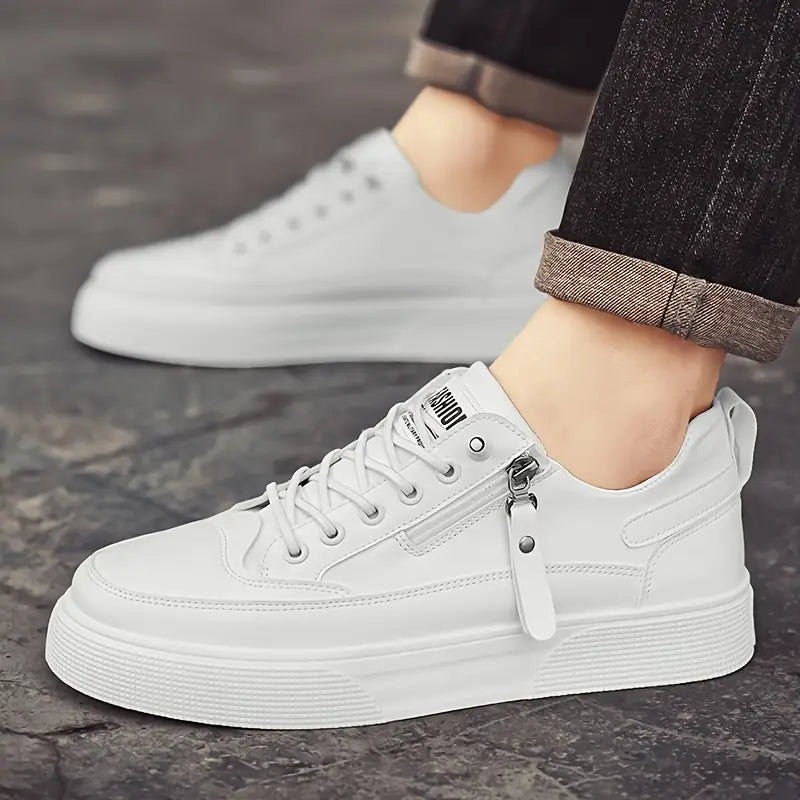 Versatile men's white low-top trainers, Hudson leather sneakers with side zip for easy, comfortable style.