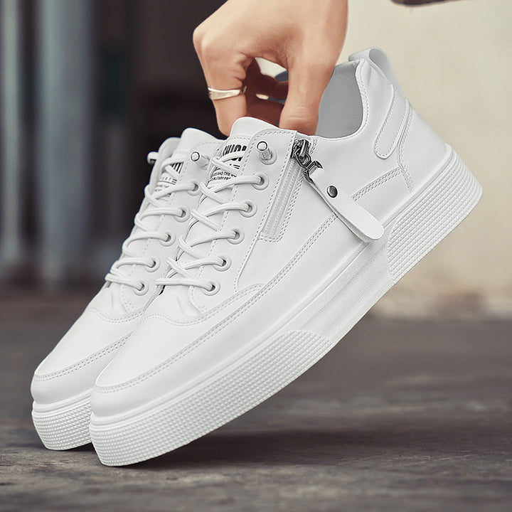 Cushioned men's white Hudson leather trainers, stylish low-top sneakers featuring a convenient side zip.