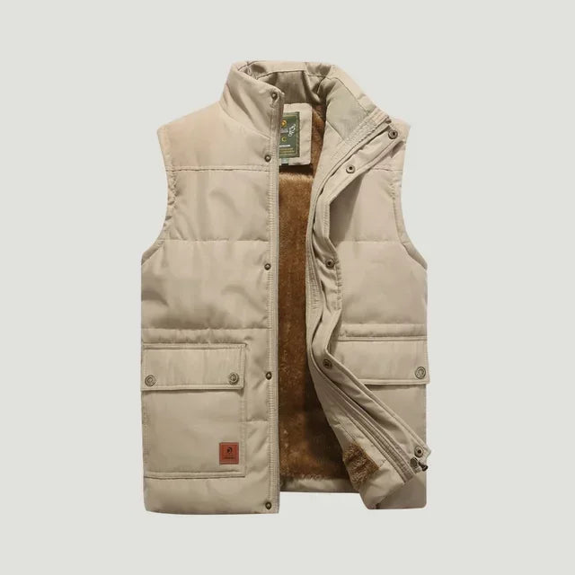 Casual men's sleeveless jacket, padded synthetic outerwear in a fashionable men's vest style.