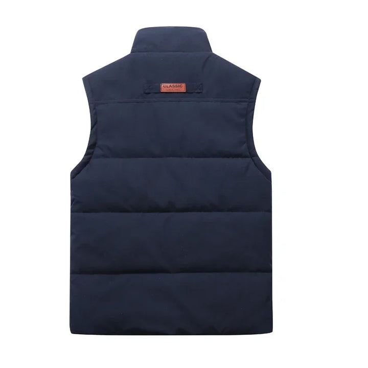 Close-up of the fabric on a men's lightweight padded bodywarmer vest, showing quilting detail.