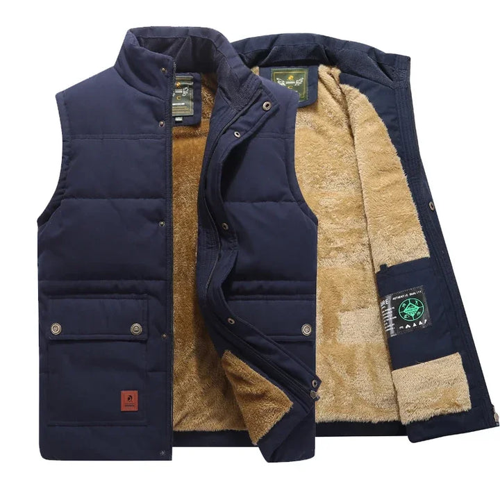 Back view of a men's casual sleeveless padded jacket, emphasizing its clean, modern fashion.