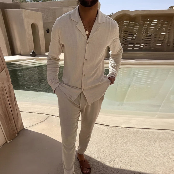 Men's stylish lightweight two-piece summer outfit. Comfortable casual coordinated shirt and shorts set.