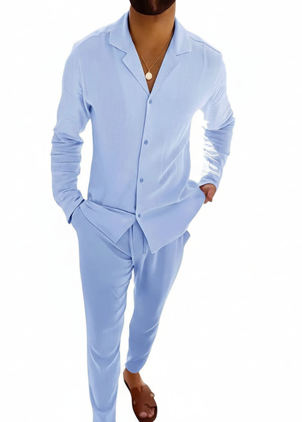 Breathable men's summer loungewear. Comfortable lightweight two-piece shirt and shorts outfit, perfect for holidays.