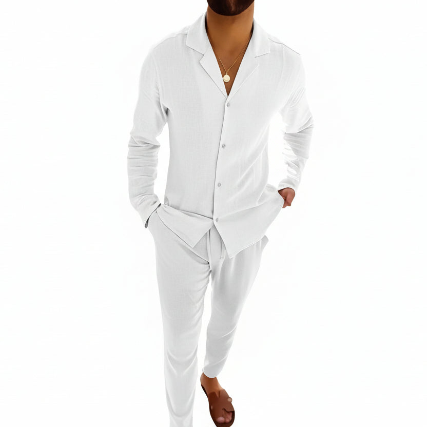 Men's casual summer outfit featuring a lightweight short-sleeve shirt and matching comfortable shorts.