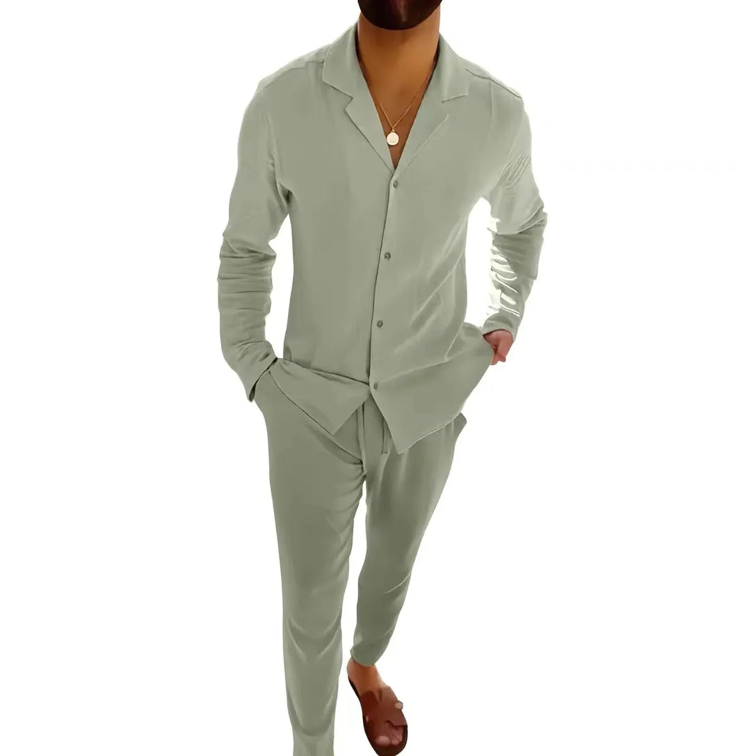Man wearing a stylish two-piece summer set. Lightweight shirt & shorts for casual wear, holidays, or loungewear.