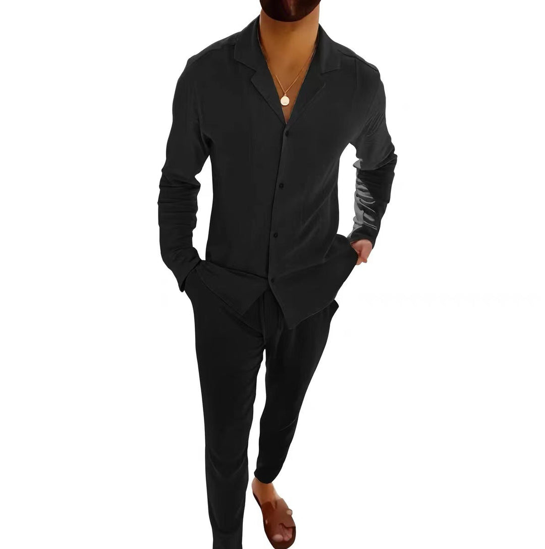 Comfortable men's two-piece summer set. Lightweight, breathable fabric shirt and shorts ideal for casual coordinated wear.