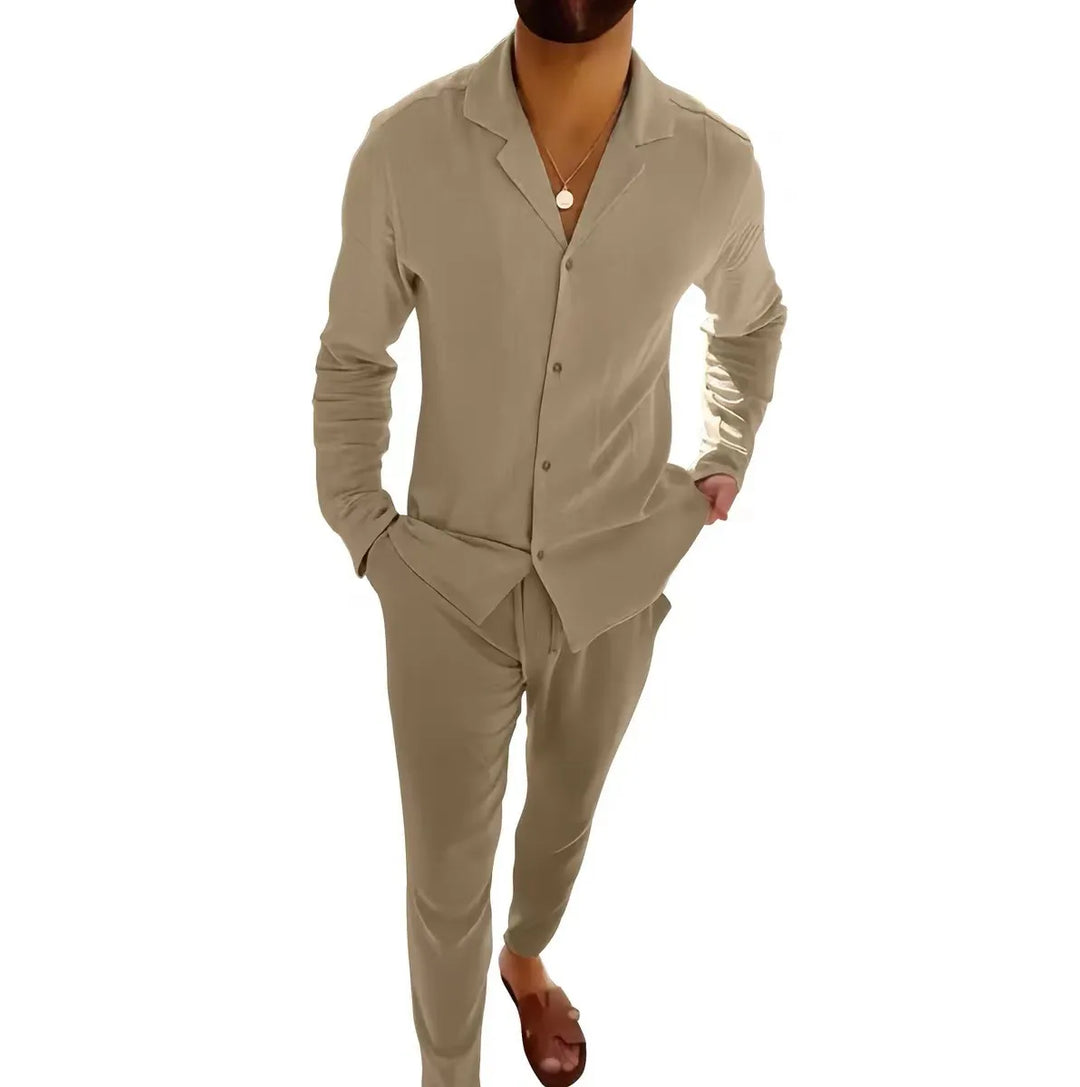 Men's holiday two-piece outfit. Relaxed fit, lightweight shirt and shorts for comfortable and stylish summer wear.