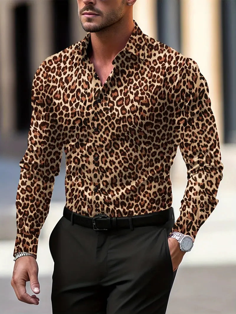 Bold men's leopard print button-down shirt. Stylish long sleeve graphic top for casual wear, animal pattern fashion.