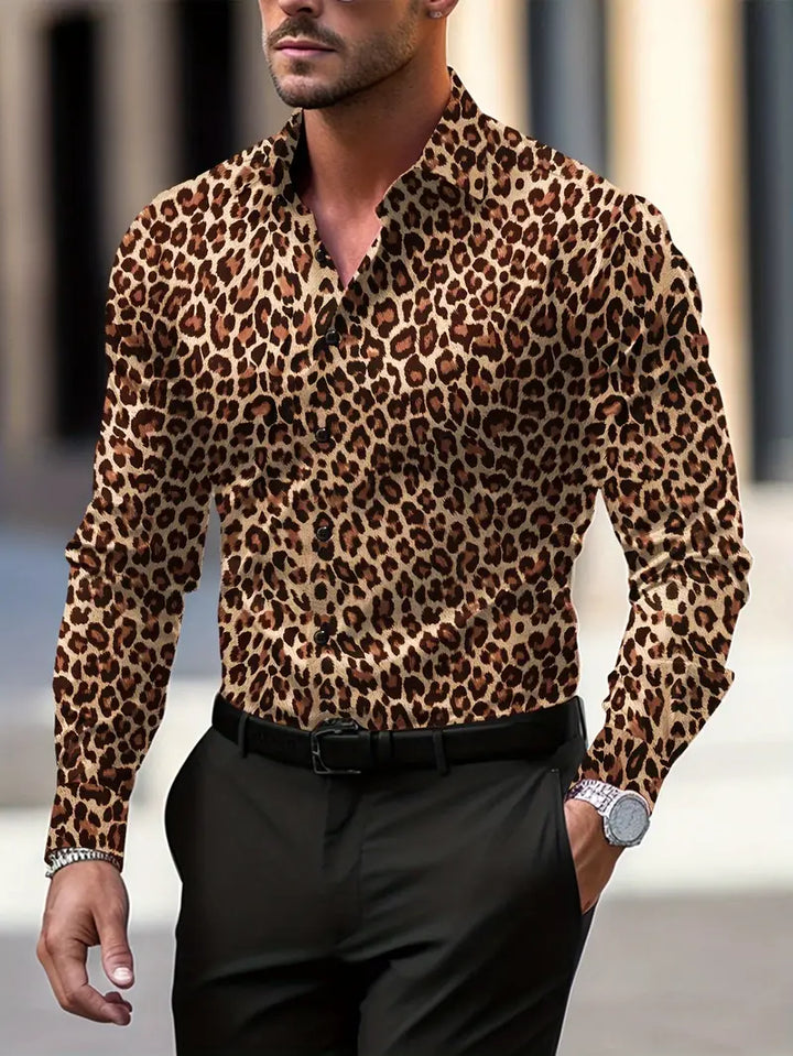 Bold men's leopard print button-down shirt. Stylish long sleeve graphic top for casual wear, animal pattern fashion.