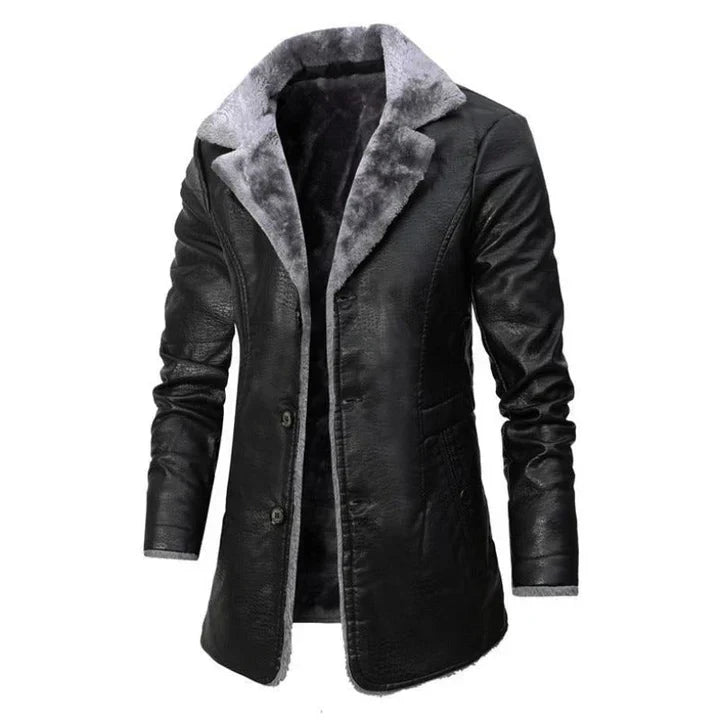 Elegant men's mid-length button-down coat. Classic style with warm sherpa collar for business casual.