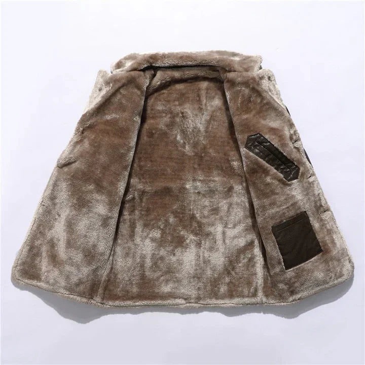 Warm men's mid-length winter coat featuring a stylish sherpa collar. Ideal for cool weather & classic casual.