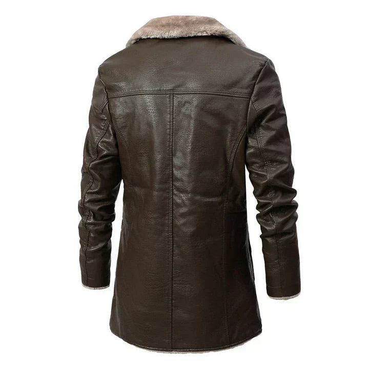 Stylish men's mid-length jacket with a soft sherpa collar for ultimate warmth. Perfect fall & winter fashion.