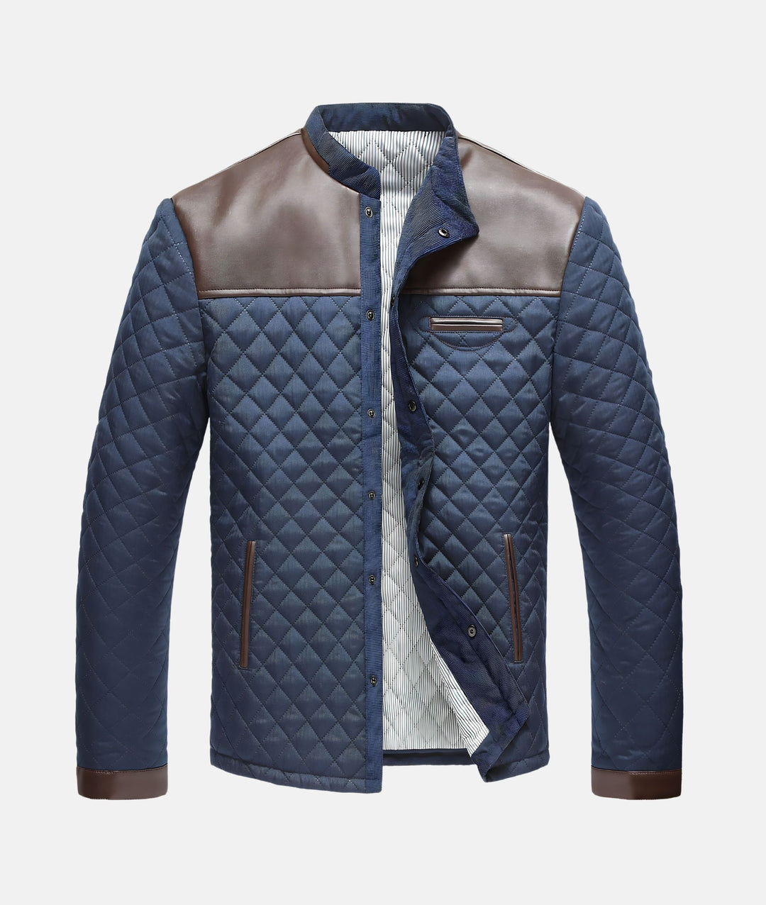 Men's stylish navy blue quilted button-down jacket. Perfect for fall & winter casual wear.