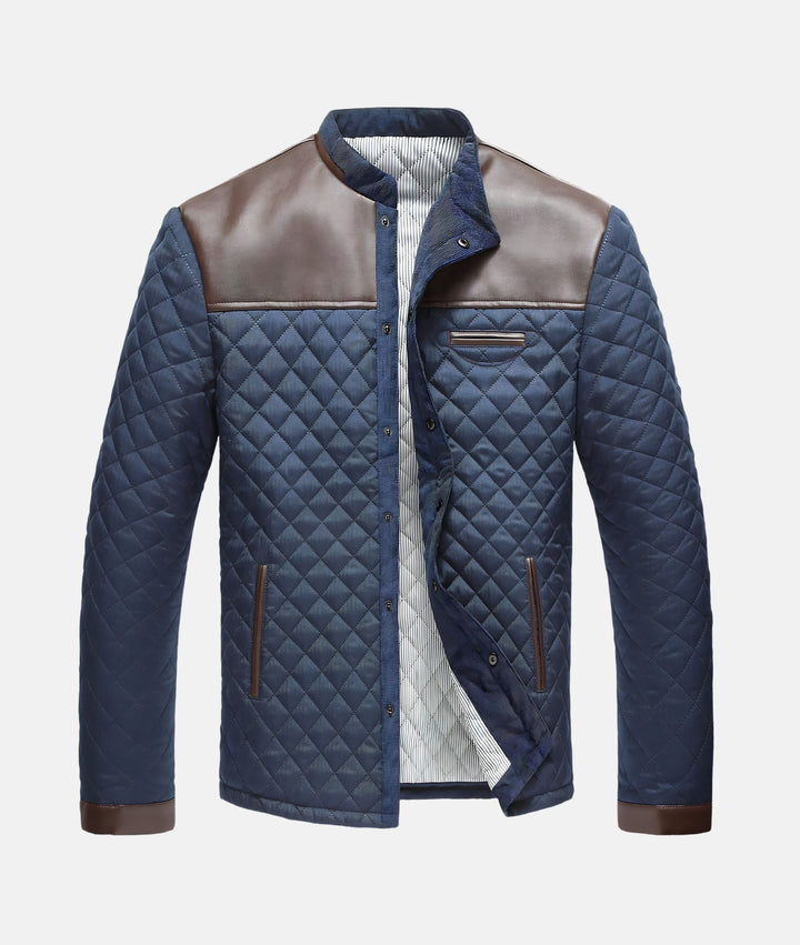 Men's stylish navy blue quilted button-down jacket. Perfect for fall & winter casual wear.