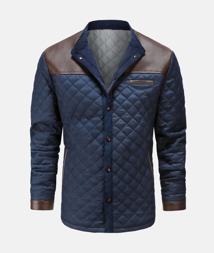 Classic men's quilted navy jacket with button-down front. Versatile outerwear for stylish casual looks.