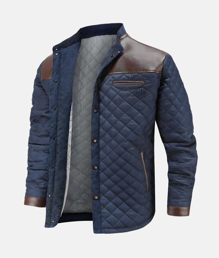 Navy blue men's quilted jacket featuring a button-down closure. Ideal casual outerwear for fall.