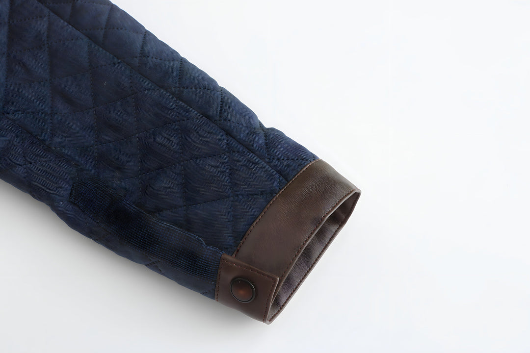 Stylish men's navy quilted jacket with button-down front. Classic design, ideal versatile outerwear for fall & winter.