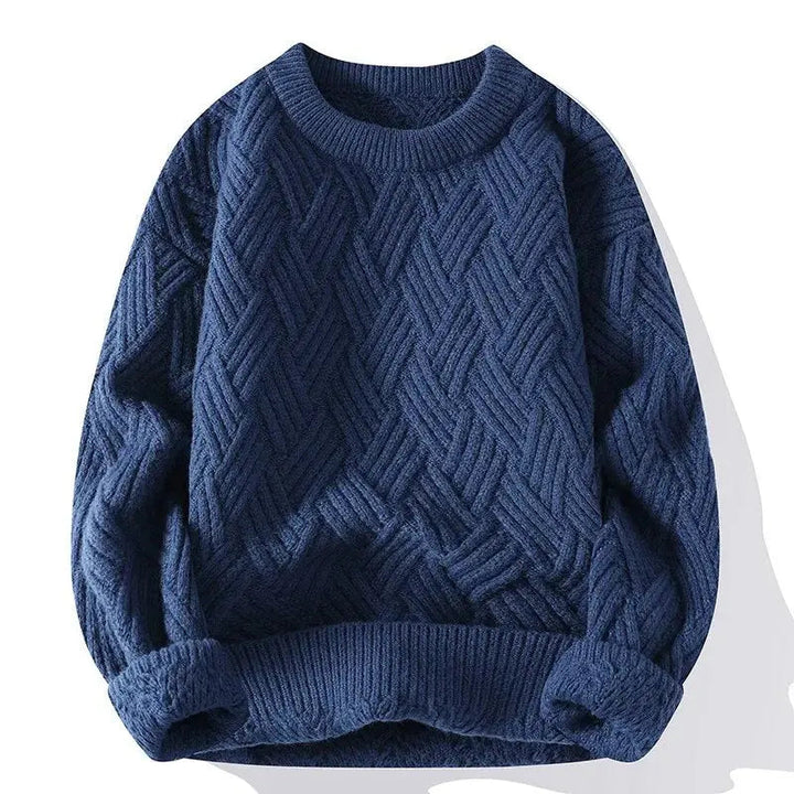 Elegant men's crewneck sweater with intricate pattern, warm for cold seasons.
