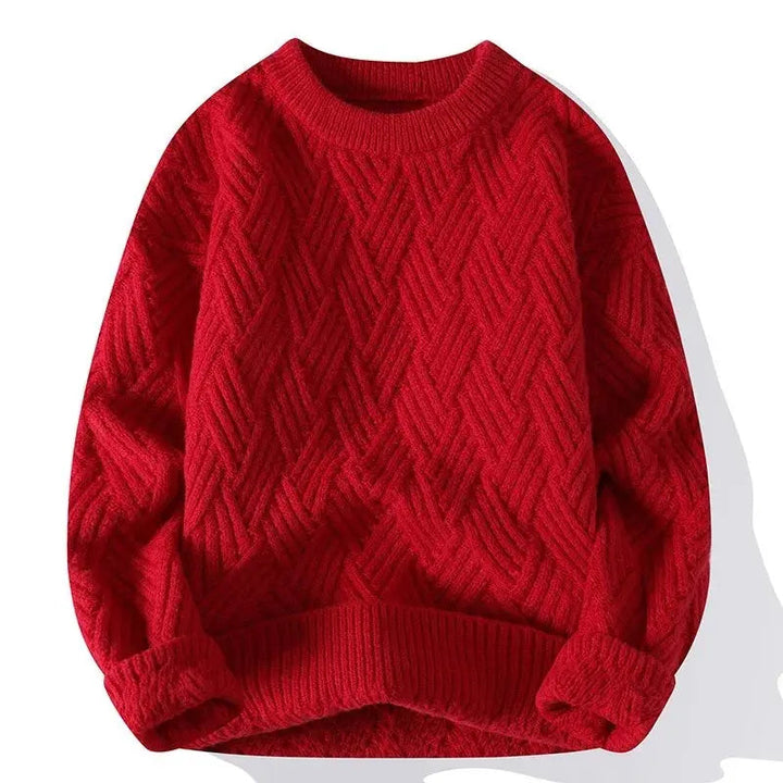 Textured knit men's crewneck sweater with unique pattern, ideal for fall layering.