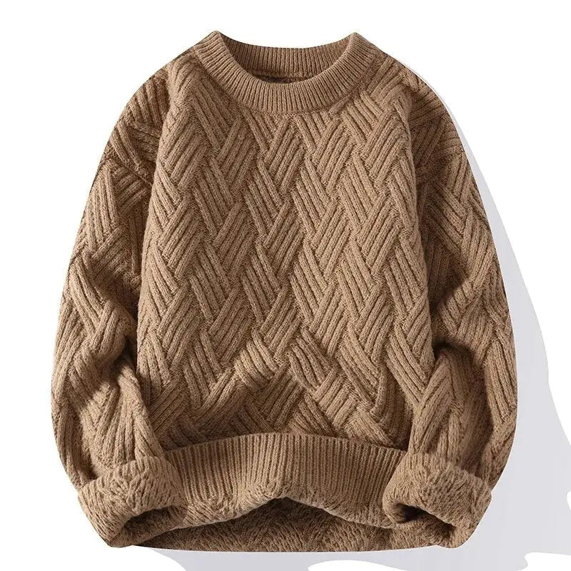 Fall layering men's patterned sweater, comfortable relaxed fit crewneck.