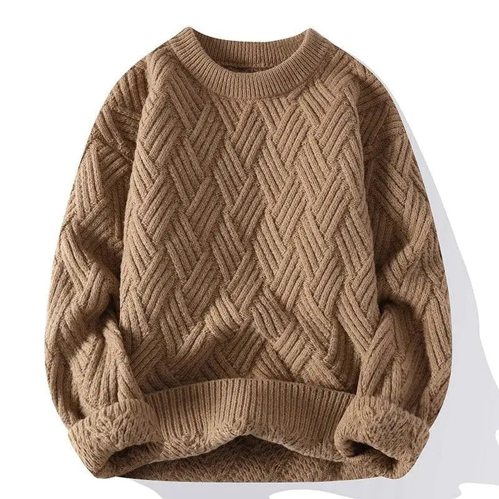 Fall layering men's patterned sweater, comfortable relaxed fit crewneck.