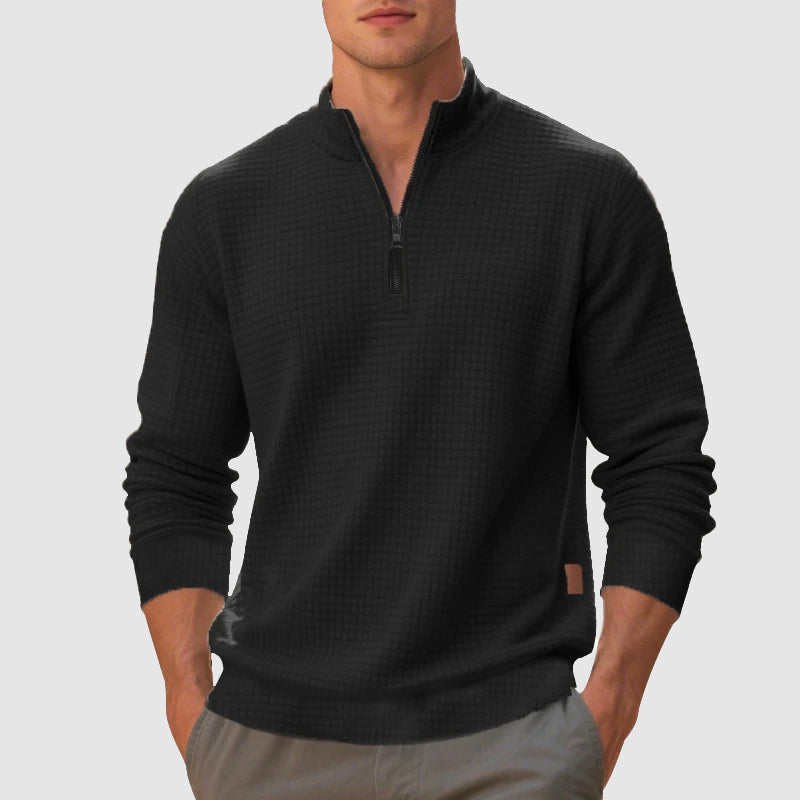 Textured knit men's quarter-zip sweater in a classic color, ideal for winter layering & casual style.