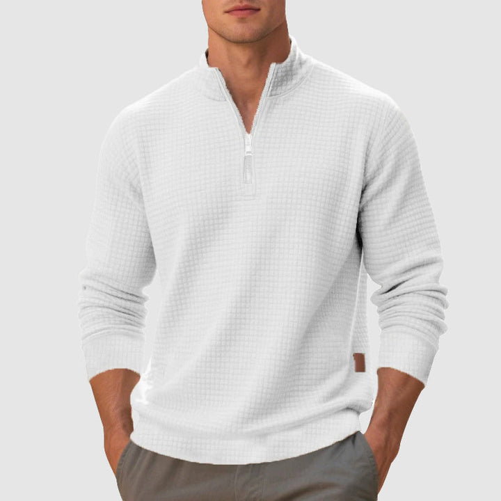 Versatile men's quarter-zip pullover jumper with a stand collar, great for spring layering and everyday wear.