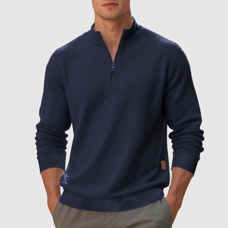 Men's fashion quarter-zip pullover jumper. Stand collar, textured knit for a smart casual look. Winter style.