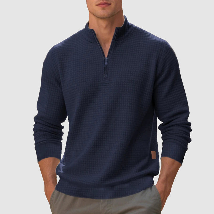 Men's fashion quarter-zip pullover jumper. Stand collar, textured knit for a smart casual look. Winter style.