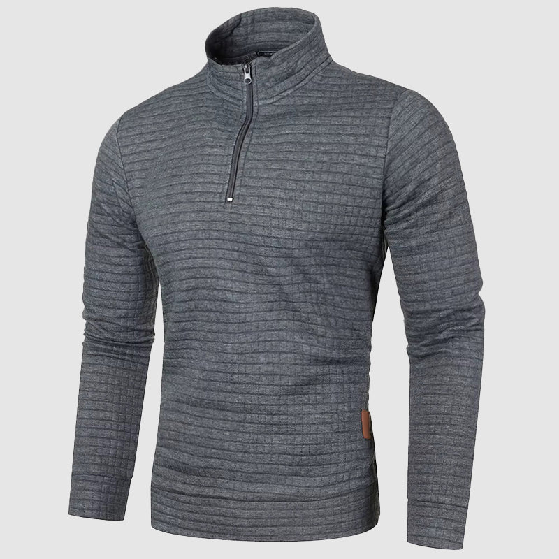 Stylish men's quarter-zip sweater with a stand collar. Textured knit pullover, perfect for casual mens fashion.
