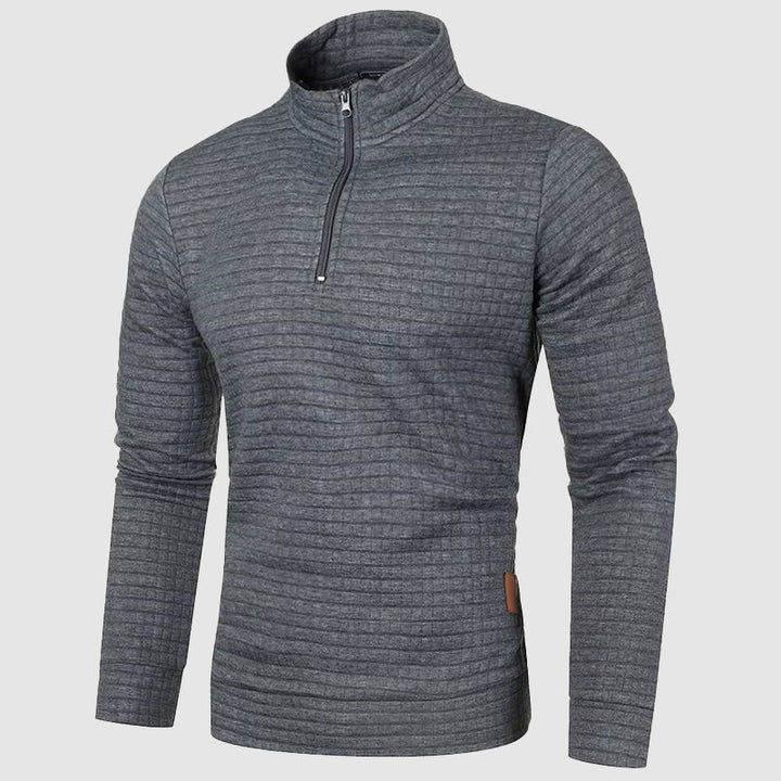 Stylish men's quarter-zip sweater with a stand collar. Textured knit pullover, perfect for casual mens fashion.