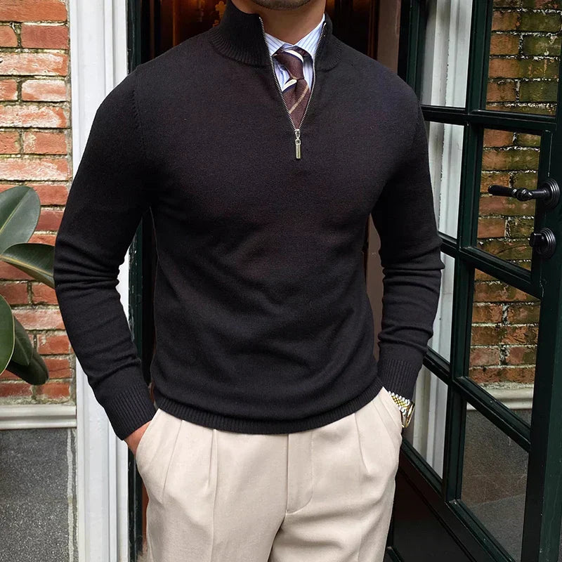 Men's stylish quarter zip mock neck pullover sweater. Comfortable & tailored for smart casual everyday wear.