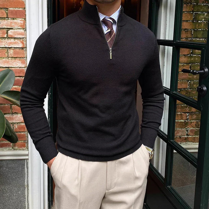 Men's stylish quarter zip mock neck pullover sweater. Comfortable & tailored for smart casual everyday wear.