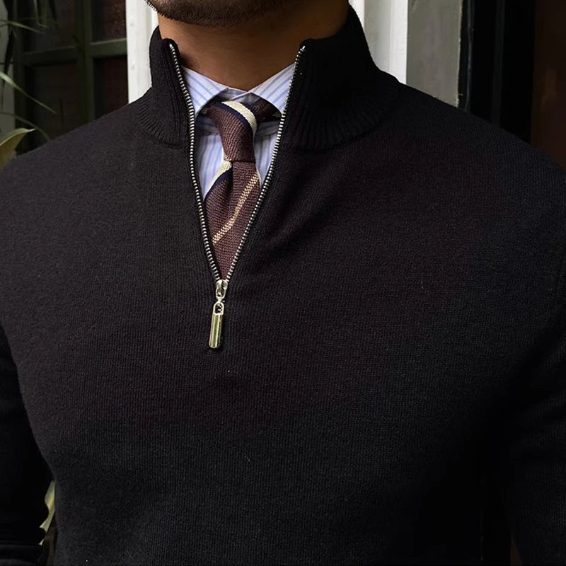 Close-up of men's quarter zip mock neck sweater. Perfect tailored fit for casual comfort & layering.
