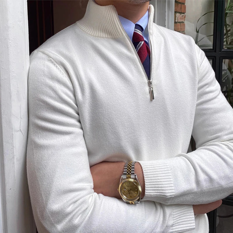 Stylish men's quarter zip mock neck sweater. Ideal for smart casual outfits & cool weather layering.